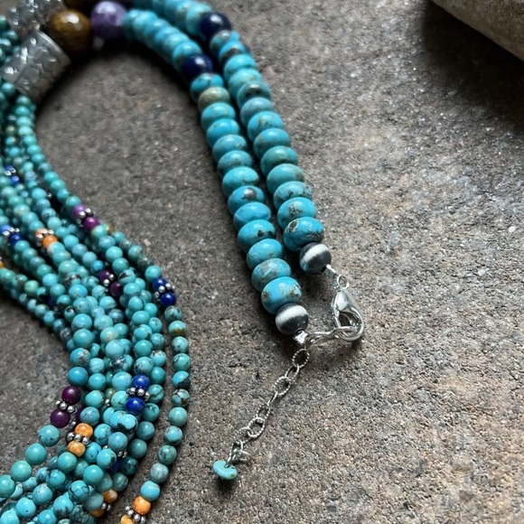 Sterling Silver Multi Strand Multi Stone Turquoise Bead Necklace. 30 inch - Picture 6 of 12